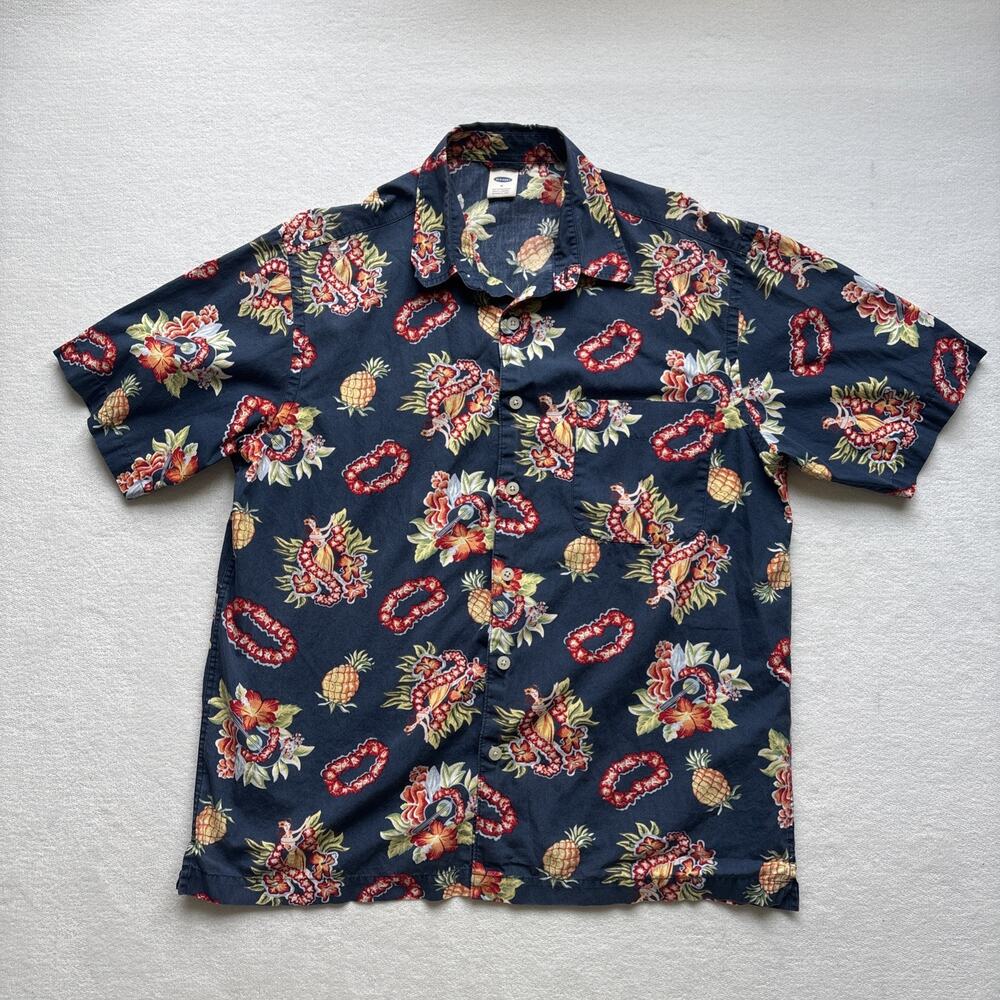 Old‎ Navy Hawaiian Shirt Mens Medium Blue Tropical Hula Pineapple Cotton 2003